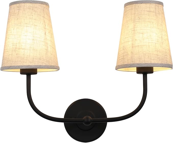 2-Lights Wall Sconces with Funnel Linen Fabric Shades, Double Light Wall Lamps for Bedroom Living Room Vanity Bathroom Hallway Stairway
