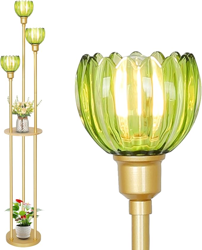 HMVPL Gold Floor Lamp for Living Room, Boho Floor Lamp with Shelves, Vintage Standing Lamp with Table, Brass Flower Tall Lamp with Green Glass Shade, On/Off Switch, Mid Century Corner Lamp for Bedroom