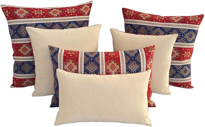 Decorative Large Throw Pillow Covers Red and Blue - 22 x 22 Inches Outdoor Pillows for Patio, Boho Room Decor for Couch, Bohemian Case for Farmhouse, Ethnic Cushions, Aztec Tapestry