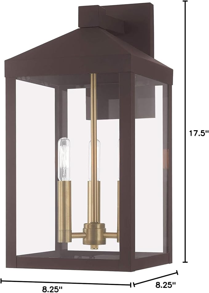 Livex 20584-07 Transitional Three Light Outdoor Wall Lantern from Nyack Collection in Bronze/Dark Finish