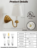 Brass Boho Fabric Wall Sconce Light with Curved Arm, Rustic Linen Cloth Wall Light Fixtures, Hardwired Brass Wall Mounted Lamp for Bathroom Vanity Bedroom Living Room