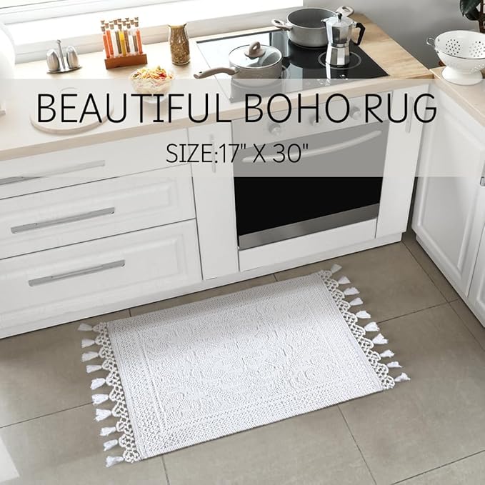Savi Home Cotton Woven Jacquard Bathroom Rug, Woven Fringe Bathroom Mats, 100% Cotton, Non - Slip Bath Mat, Durable Thick Bath Mat 20”x38” with Fringes, White