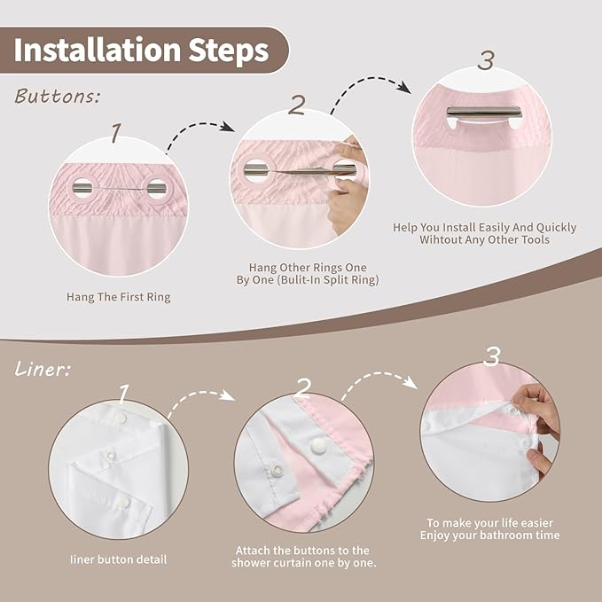 no Hook Shower Curtain and Liner Set，Boho Style with See Through Top Window, Pink Fabric Tufted Striped Textured Outer Curtain & Waterproof Inner Liner, Pink, 71Wx98H