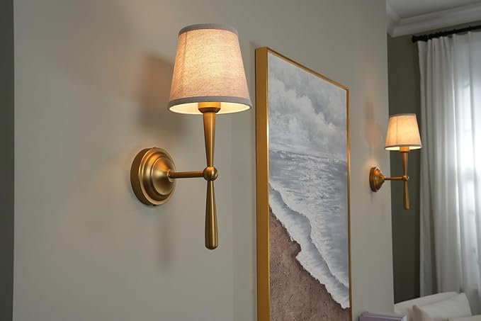 Yosoan Brass Linen Shade Bedside Vanity Wall Sconce Set of 2, Vintage Industrial Hardwired Indoor Boho Gold Wall Mounted with Funnel Textile for Bedroom Stairwell Hallway (Antique)