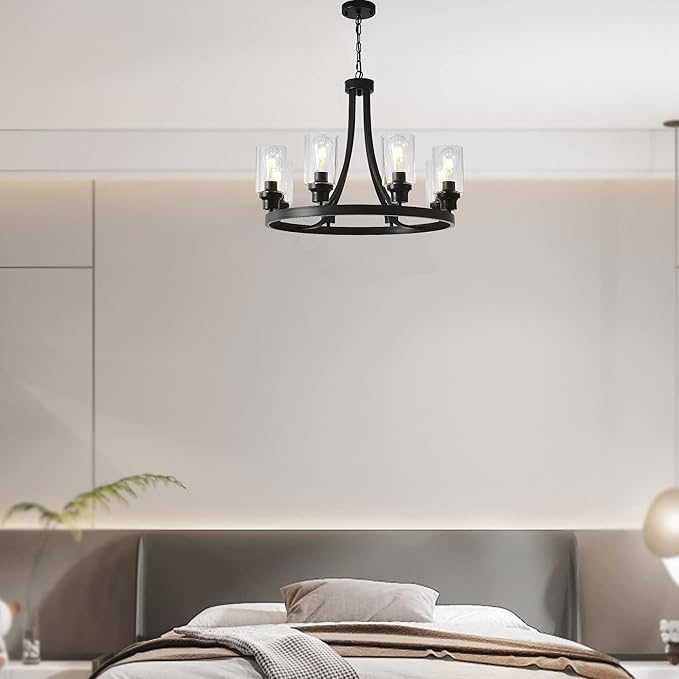Black Chandelier 8 Lights, Kitchen Island Lighting Industrial Chandelier with Clear Glass Shade, Farmhouse Pendant Light for Dining Room Living Room Bedroom