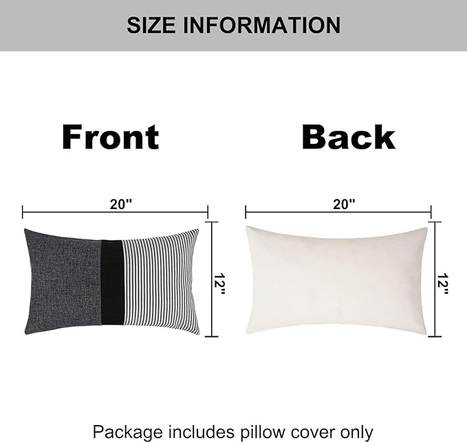 Adabana Stripe Pillow Covers 12x20 Set of 2 Square Patchwork Linen Decorative Lumbar Throw Pillow Covers Modern Farmhouse Decor Pollowcases for Couch Sofa Bedroom,Grey Stripe