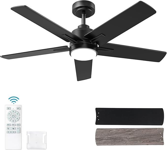 YUHAO 48 Inch Black Ceiling Fan with Light and Remote Control.Noiseless,Dimmable, 3CCT,6 Speeds Reversible, Modern DC Ceiling Fans for Indoor Use