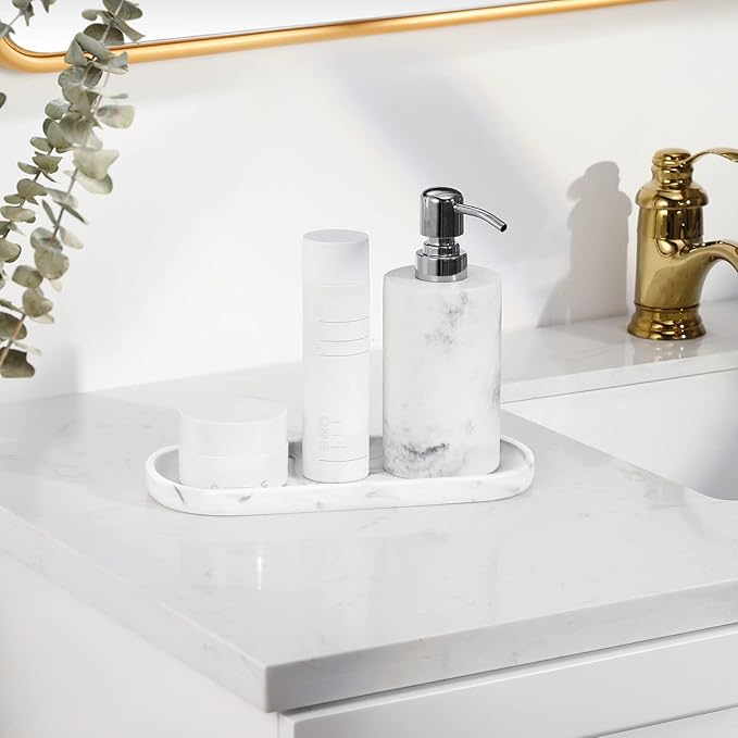 Luxspire Bathroom Vanity Tray, Oval Soap Dispenser Tray, 10" Marble Kitchen Counter Trays, Resin Bathroom Tray for Counter, Toilet Tank Tray, Trinket Tray for Perfume Jewelry, Small, Marble White