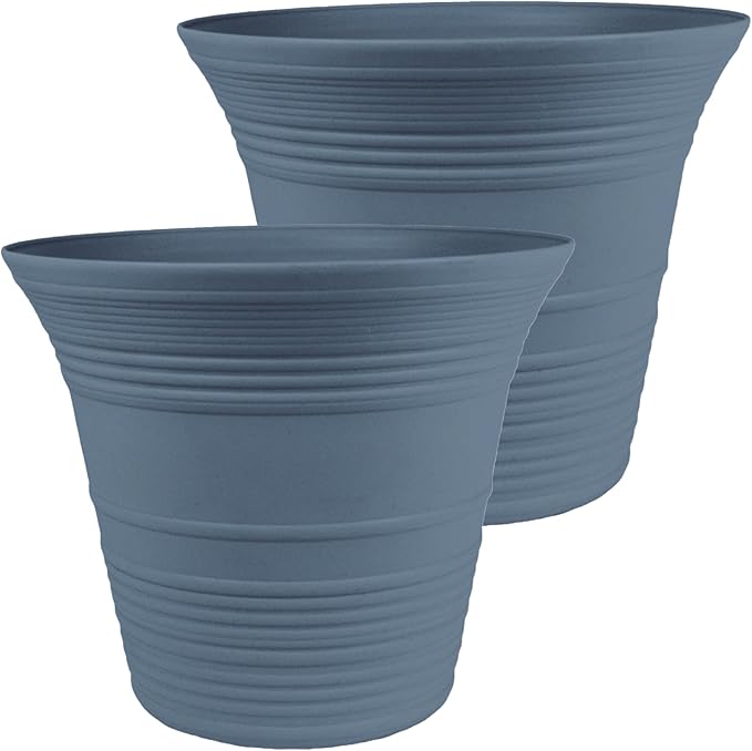 The HC Companies Sedona Round Self-Watering Pot - Lightweight Self Care Planter - Plastic Planter for Herbs & More - Durable Plant Pots for Indoor Plants & Outdoor Plants (14" Slate Blue, Pack of 2)