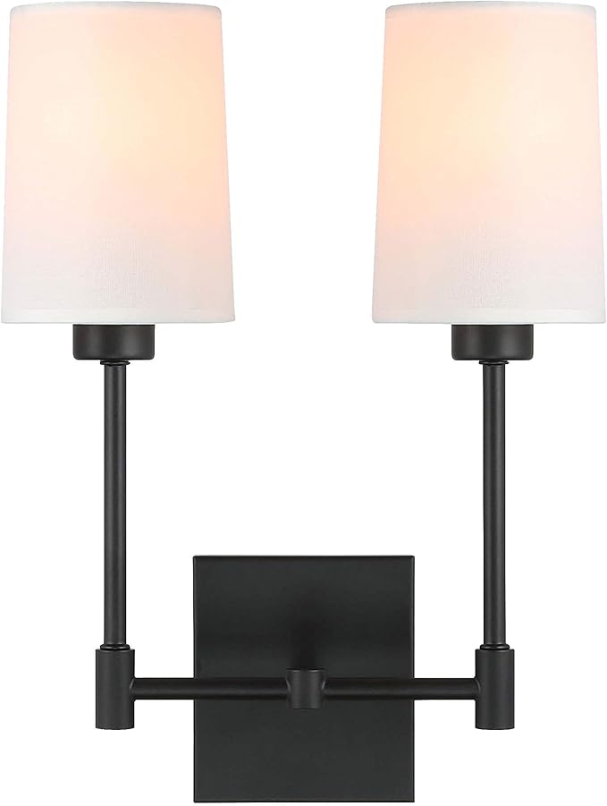 XiNBEi Lighting Wall Lamp, 2 Light Black Bedroom Wall Light with Fabric Shade for Bedside & Living Room XB-W1215-2-MB
