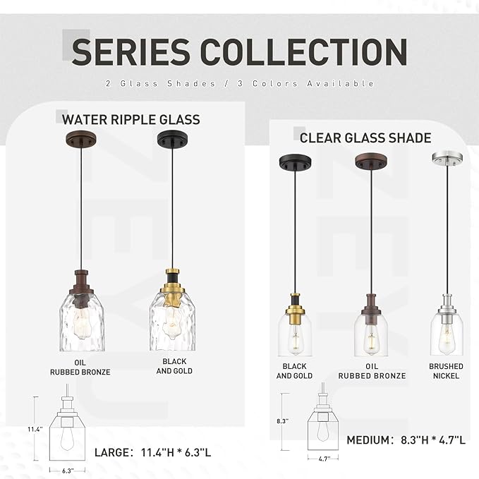 zeyu Large Pendant Lights Kitchen Island, Modern Hanging Lamp for Bedroom Living Room, Water Ripple Glass Shade, Black and Gold Finish, ZG33M1L-L BK+BG-WG