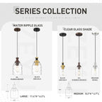 zeyu Pendant Light 2 Pack, Vintage Adjustable Hanging Light for Hallway, Haning Light Fixture Ceiling with Water Ripple Glass Shade, Black and Gold Finish, ZG33M1L-2 BK+BG-WG