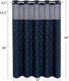 No Hooks Boho Navy Woven Fabric Shower Curtain with 72 x 86 Modern Farmhouse, Tufted Chevron Striped Shabby Chic Textured, Minimalist Hookless Shower Curtains for Bathroom, Hotel Decor