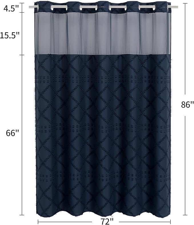 No Hooks Boho Navy Woven Fabric Shower Curtain with 72 x 86 Modern Farmhouse, Tufted Chevron Striped Shabby Chic Textured, Minimalist Hookless Shower Curtains for Bathroom, Hotel Decor