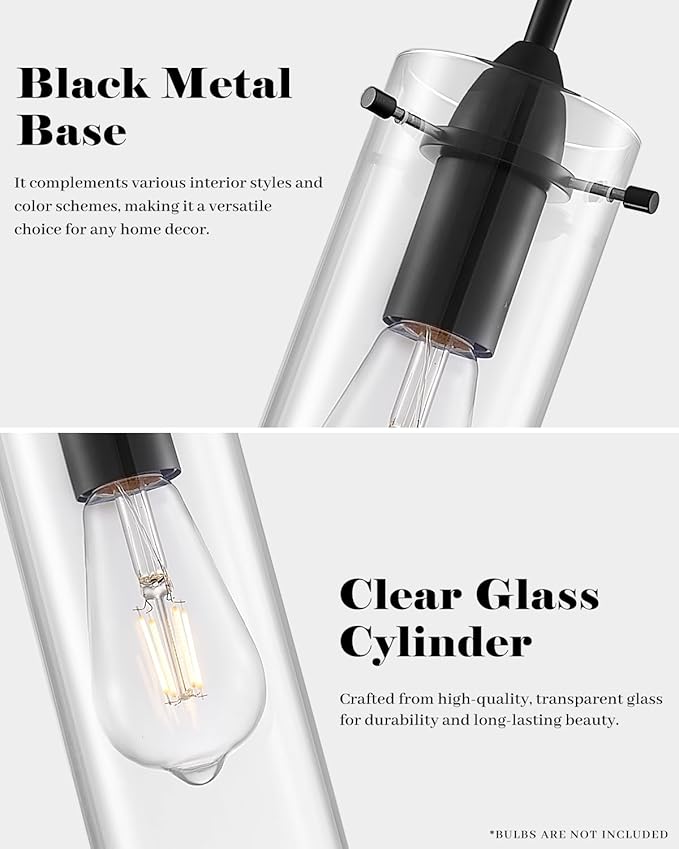 Black Pendant Lights Kitchen Island 3 Packs, Glass Pendant Light, Modern Clear Glass Pendant Light Fixture, Pendant Lights for Kitchen Island, Bedroom, Living Room, Bathroom