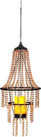 Hanging Candle Chandelier Outdoor, Battery Operated Clear Acrylic Beaded Chandelier with Flickering Led Candle Light S Hooks Modern Lantern for Garden Yard Patio Gazebo Room Indoor Decorations, 28”H