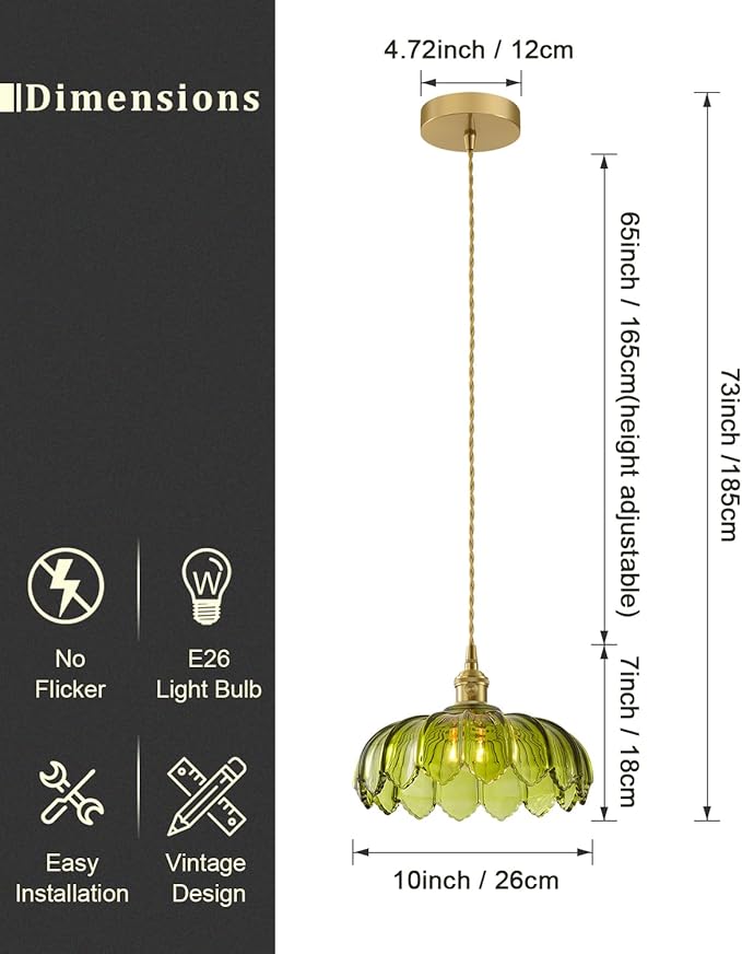 Vintage Glass Pendant Light，Green Flower Ceiling Pendant Light，Gold Adjustable Hanging Wire for Kitchen Island Dining Room Bedroom Hallway (10Inch - Green(D))