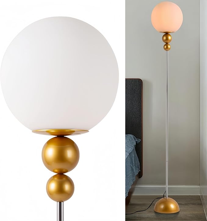 Modern Glass Floor Lamp for Bedroom, 63'' Vintage Mid-Century Floor Lamp with Milky White Frosted Glass Globe Shade for Living Room Corner, Slim Standing Reading Lamp for Office Decor (Gold)