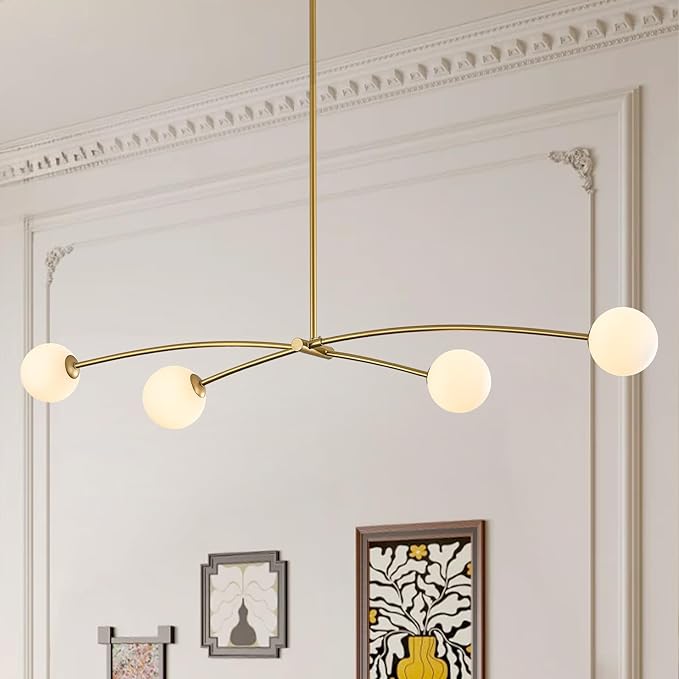 Modern Gold Sputnik Chandelier L51” Mid Century 4 Lights Milk Glass Globe Ceiling Pendant Light Fixture Contemporary for Kitchen Island Dining Room Bar Bedroom Home Office
