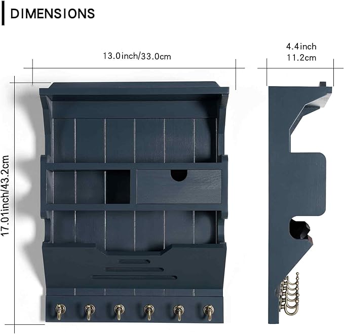 Wall Mail Organizer with Storage Drawer and 6 Hooks, Easy Install Key Rack for Entryway and Home Decor, Luxury Gray
