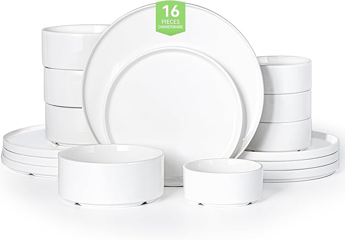 16 Pieces Porcelain Plates and Bowls Set, White Dinnerware Set for 4, Microwave and Dishwasher Safe - Scratch Resistant and Easy Clean, QOMO-1996