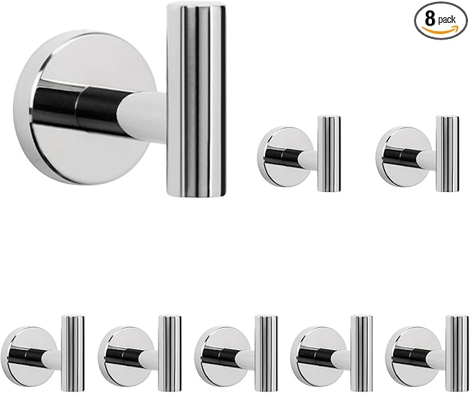 NearMoon Bath Towel Hooks- SUS 304 Stainless Steel Robe Hook Holder, Heavy Duty Coat Hook for Bathroom Livingroom Hotel Kitchen Garage, Wall Mounted (Chrome Finish, 8 Pack)