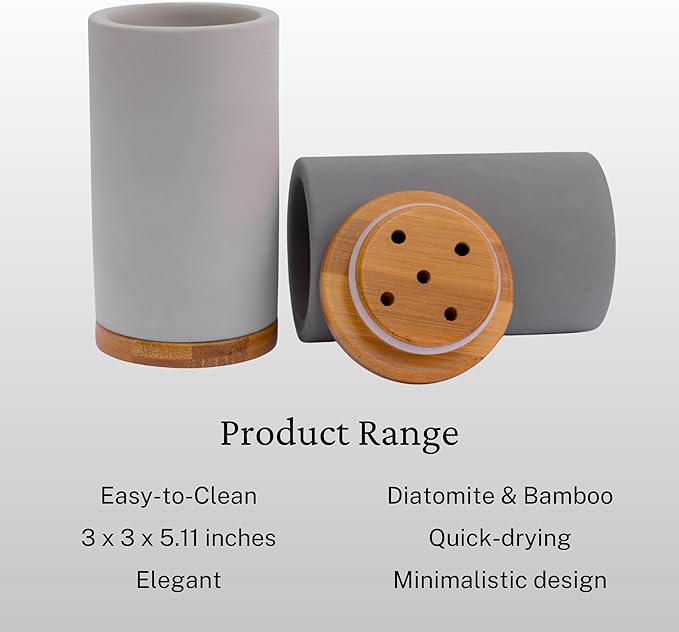 Matani Bamboo Toothbrush Holder Diatomite Tooth Brush Organizer - Storage Stand for Small Bathroom & Counter - Removable Base & Drain Holes, Water-Absorbent & Quick-Drying (Black)