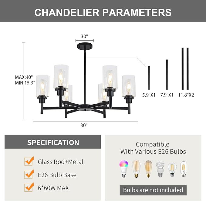 6 Light Farmhouse Chandelier Black Dining Room Light Fixture Over Table Industrial Hanging Pendant Lighting for Living Room Foyer Kitchen Island Adjustable Height E26 Socket with Glass Shade