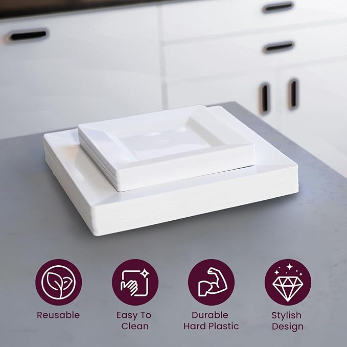 Aya's Cutlery Kingdom 100 Square Plastic Plates - Heavy Duty Disposable Plates - Includes 50 Dinner Plates (10-Inch) and 50 Salad Appetizer Plates (7-Inch) - Elegant White Party Plate for Holidays