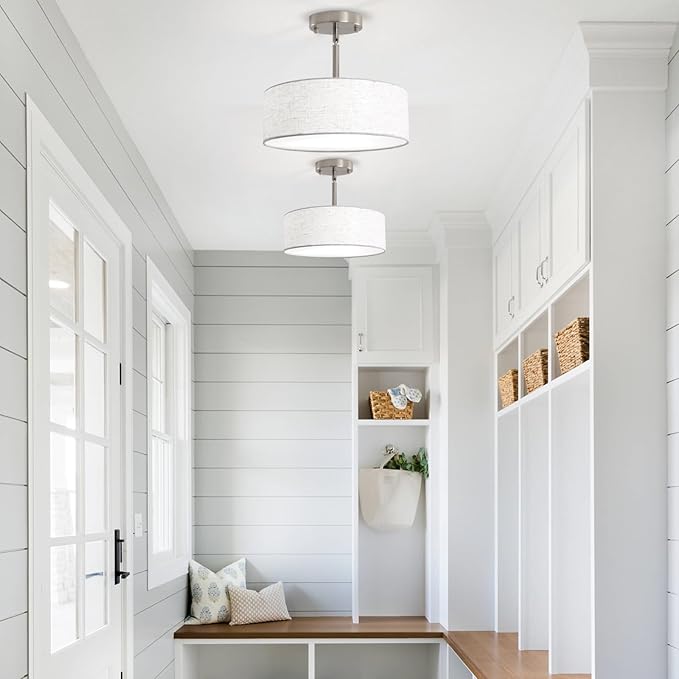 ALISADABOY Brushed Nickel Chandelier Modern Chandeliers Contemporary 3 Light 12.59'' Inch Semi Flush Mount Ceiling Light, with Lampshade, Drum Fixture, for Bedroom, Entryway, Kitchen, Closet, Laundry