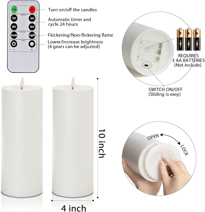 5plots 4" x 10" Waterproof Outdoor Flameless Candles Battery Operated LED Large Pillar Candles with Remote and Timer for Indoor Outdoor Lanterns, Long Lasting, White, Set of 2
