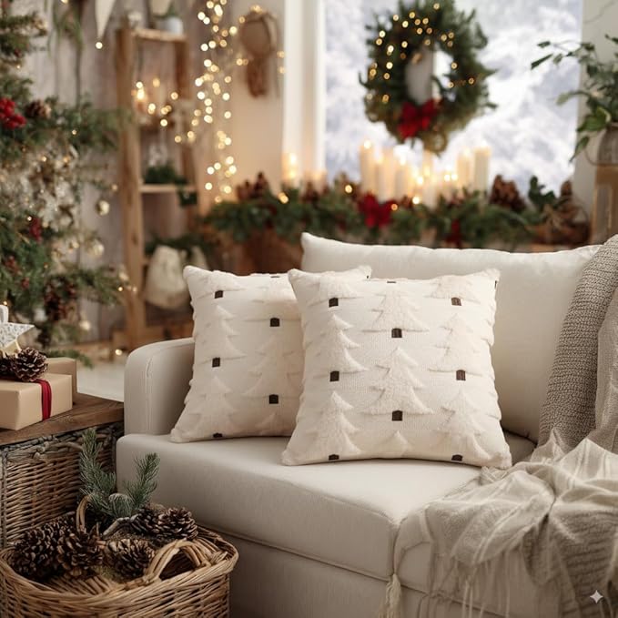 GEEORY Christmas Pillow Covers 26x26 Inch Set of 2, Christmas Decorations Xmas Tree Soft Plush Fluffy Faux Fur Decorative Throw Pillows Farmhouse Winter Cushion Case Beige Brown GC034-26