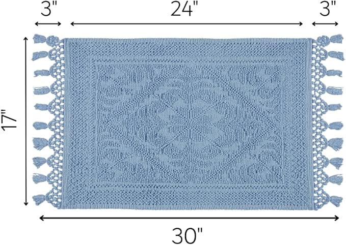 Savi Home Cotton Woven Jacquard Bathroom Rug, Woven Fringe Bathroom Mats, 100% Cotton, Non - Slip Bath Mat, Durable Thick Bath Mat 17”x30” with Fringes, Sky Blue