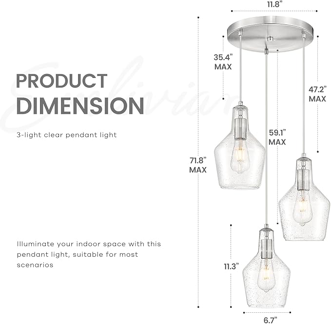 Emliviar Modern Kitchen Chandelier Brushed Nickel, 3-Light Hanging Pendant Lighting with Seeded Glass, Cluster Pendant Light Fixture for Entryway and Bedroom, DYE286G2-3 BN