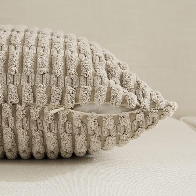 Fancy Homi Taupe Lumbar Decorative Throw Pillow Covers 12x24 Inch for Living Room Couch Bed Sofa, Rustic Farmhouse Boho Home Decor, Soft Striped Corduroy Rectangle Cushion Case 30x60 cm