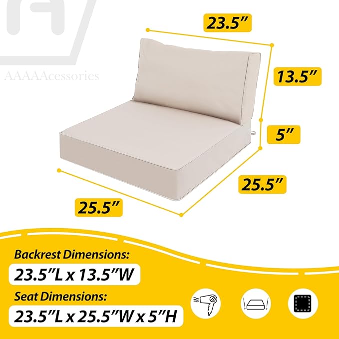 AAAAAcessories Outdoor Deep Seat Cushions, Waterproof, Fade-Resistant Patio Furniture Replacement Cushions, 23.5" x 25.5" x 5" + 23.5" x 13.5", Set of 2, Khaki Beige