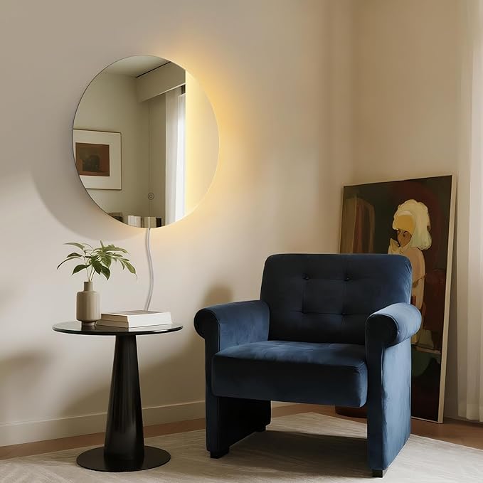 ONEWISH LED Wall Sconce, Dimmable Mirror Wall Lamp,16.93 inch Round Wall Lights for Bedroom with Memory Function, Wall Lamps for Living Room Entryway, Silver