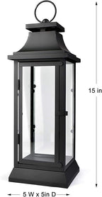 Serene Spaces Living Black Metal Hurricane Lantern with Clear Glass – 15" Tall, 5" Square. Versatile Hanging/Tabletop Candle Holder for Weddings, Parties, Indoor & Outdoor Home décor.