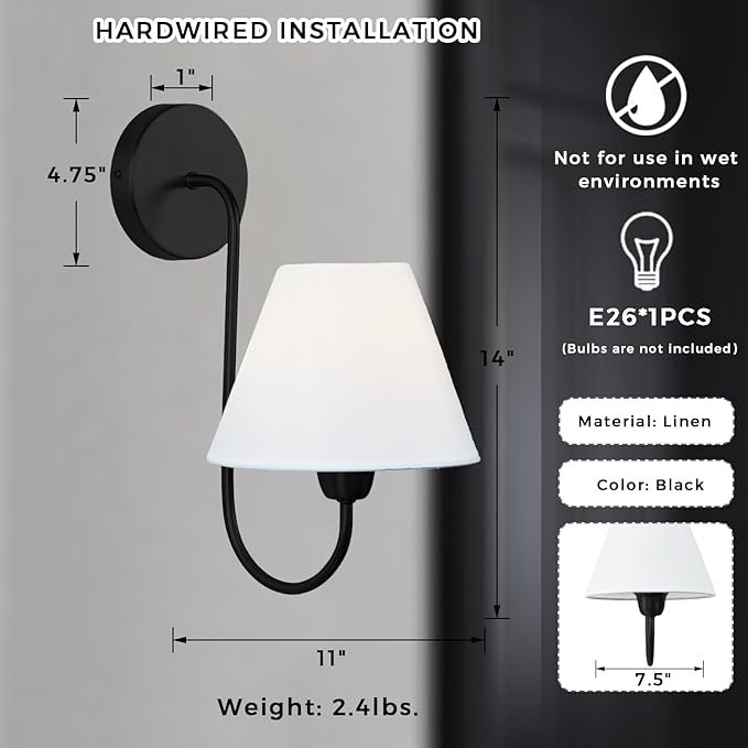 Gleaming Elegance Stainless Oil Rubbed Sconce, Stainless Steel White Linen Shade Wall Sconce, Wall Light for Living Room, Bedroom, Entryway, 7.5" w x 11" d x 14" h (Black)