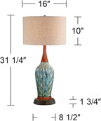 360 Lighting Rocco Mid Century Modern Table Lamp with USB and AC Power Outlet Workstation Charging Base Handmade 30" Tall Blue Ceramic Tan Drum Shade for Living Room Bedroom (Color May Vary)