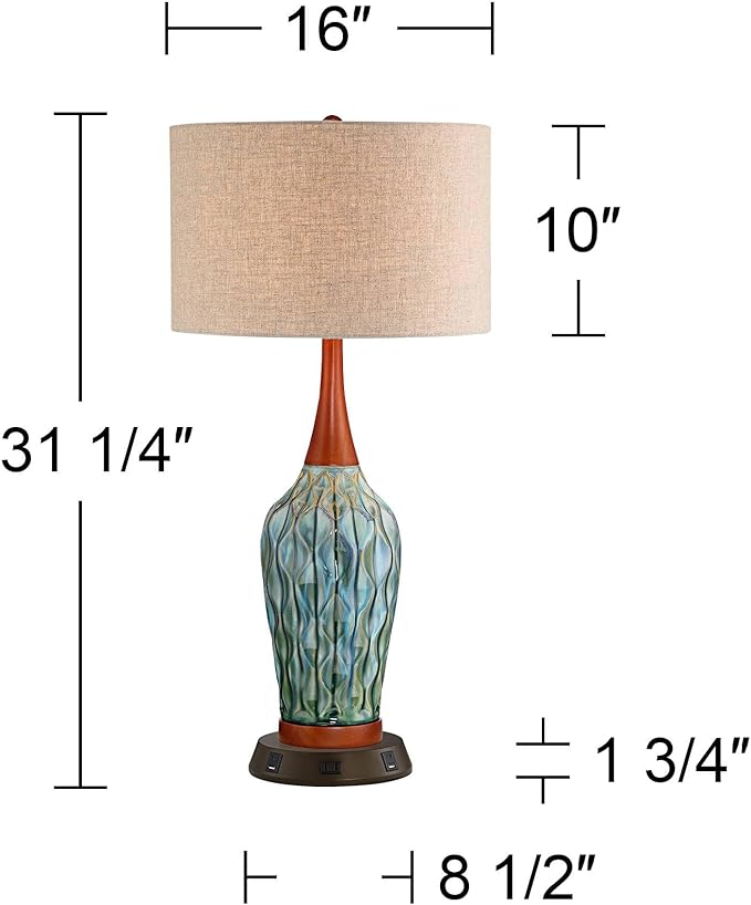 360 Lighting Rocco Mid Century Modern Table Lamp with USB and AC Power Outlet Workstation Charging Base Handmade 30" Tall Blue Ceramic Tan Drum Shade for Living Room Bedroom (Color May Vary)