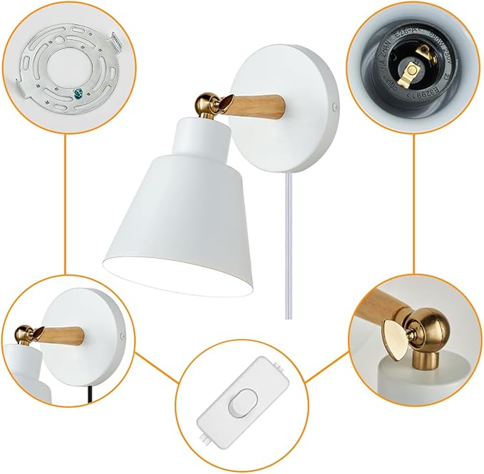 ClanKin Wall Sconces Lighting Fixture, Bedside Wall lamp for Industrial Bedroom, Bathroom Sink Lighting for Bedroom Hallway Living Room(1Pack-White with Plug in Swtich Cord)