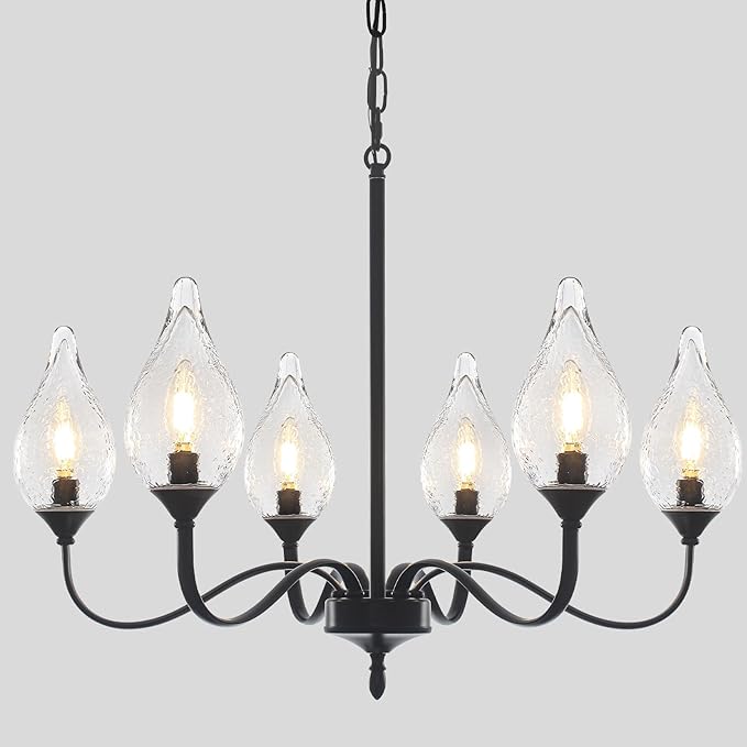 6-Light Farmhouse Black Chandelier 23.6 Inch - Rustic Industrial Iron Candle Hanging with Clear Glass Shades - Dining Room Lighting Fixture for Hallway, Living Room, Foyer, Bedroom,Kitchen Island