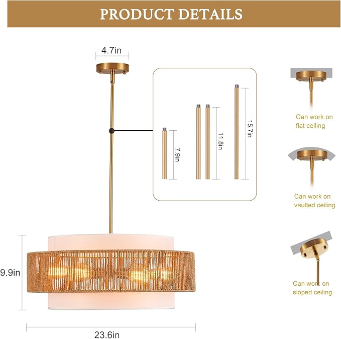 23.6" Rattan Chandelier with Linen Boho Farmhouse Hand Woven Bamboo Chandeliers Light Fixture Vintage Modern Drum Wicker Rattan Gold Chandelier for Dining Room, Kitchen, Living Room,Foyer