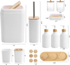 Bathroom Accessories Set White Bathroom Set with Trash Can,3PCS Lotion Soap Dispenser, Toothbrush Holder, Soap Dish,Tumbler Cup,6pcs Wood Tags White Bath Accessories with Tray for Bathroom Decor