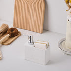 White Travertine Soap Dispenser with Sponge & Brush Holder – Hand & Dish Resin Soap Pump Bottle for Kitchen & Bathroom, 2-in-1 Countertop Organizer, with 2 Natural Sponges (Luxury Home Decor)