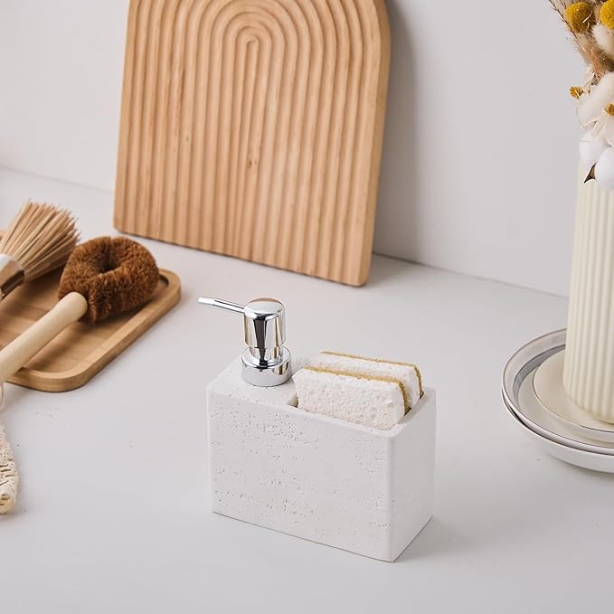 White Travertine Soap Dispenser with Sponge & Brush Holder – Hand & Dish Resin Soap Pump Bottle for Kitchen & Bathroom, 2-in-1 Countertop Organizer, with 2 Natural Sponges (Luxury Home Decor)
