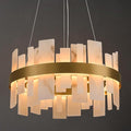 Alabaster Round Chandelier, D24 Inch Natural Spanish Marble Stone Texture Chandeliers, Dimmable Dining Room Chandelier over Table, Modern Luxury Lighting for Living Room, Bedroom, Entryway, Foyer