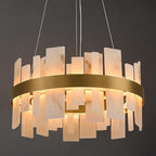 Alabaster Round Chandelier, D24 Inch Natural Spanish Marble Stone Texture Chandeliers, Dimmable Dining Room Chandelier over Table, Modern Luxury Lighting for Living Room, Bedroom, Entryway, Foyer
