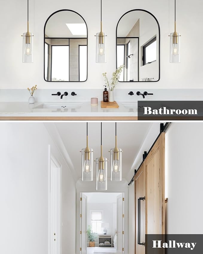 Gold Glass Pendant Lights, Island Pendant Lights for Kitchen, Blown Glass Pendant Light 2 Packs, Modern Kitchen Pendant Light, Hanging Pendant Lights for Kitchen Island, Dining Living Room